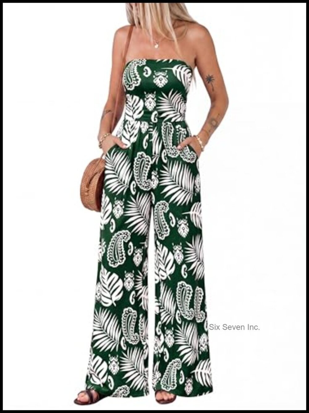 BTFBM Strapless Jumpsuit Women Floral Wide Leg Romper Sleeveless Ruched Pockets